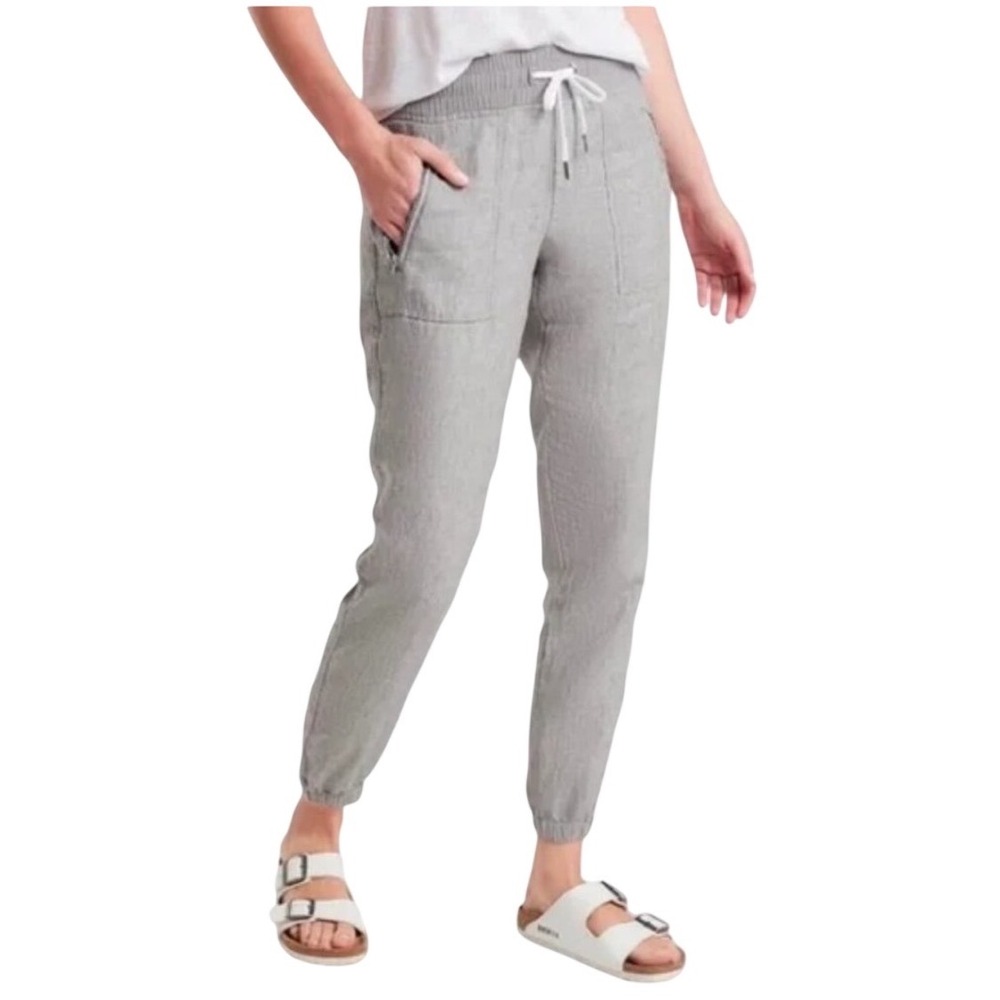 Athleta Cabo Linen Jogger Pants Gray Size 4 100% Linen Drawstring Zip Pocket